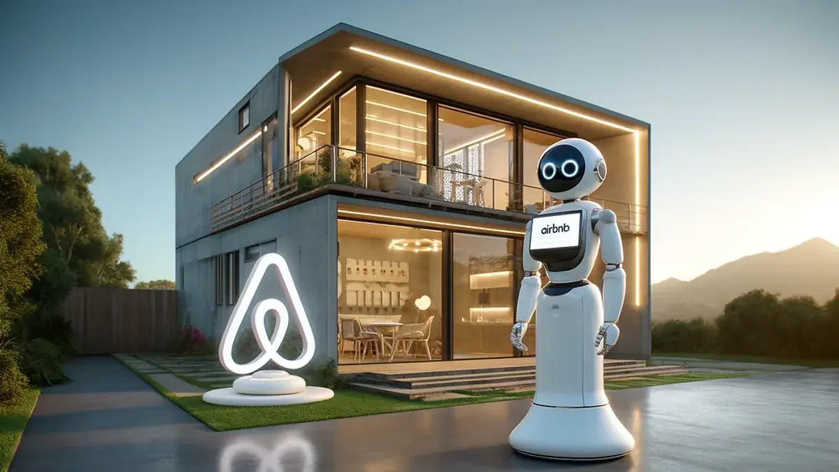 Modern tech laboratory with AI interface displays showing travel and hospitality data analytics