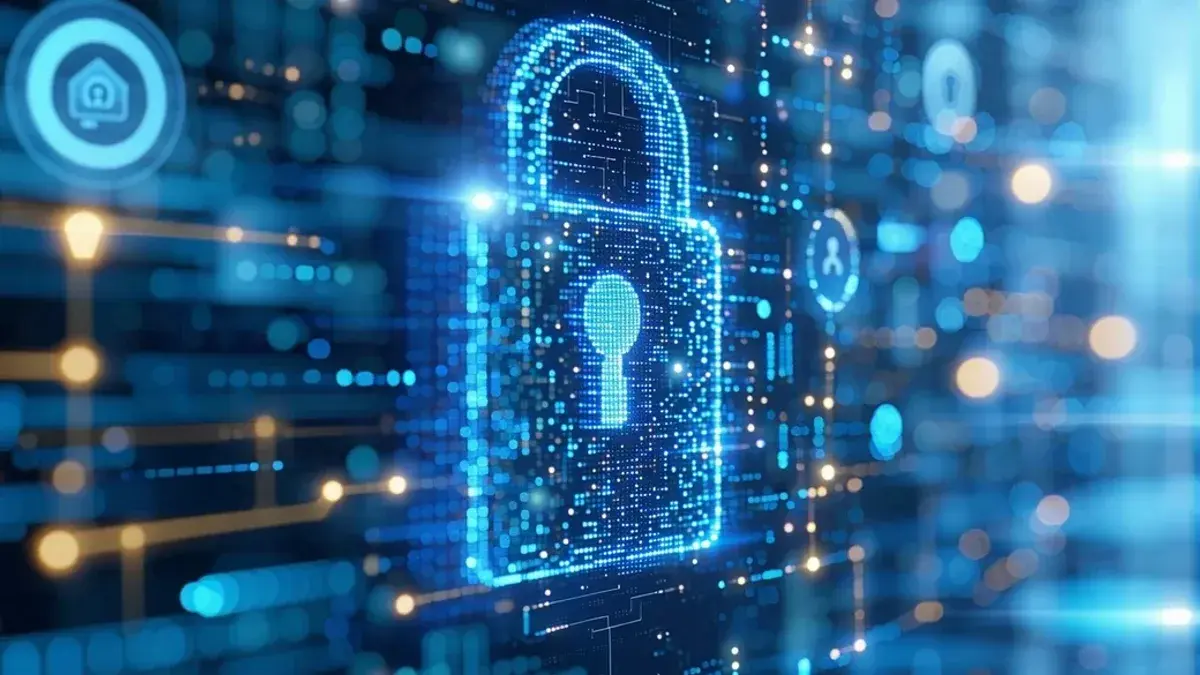 Cybersecurity shield protecting AI systems with Luxembourg flag elements