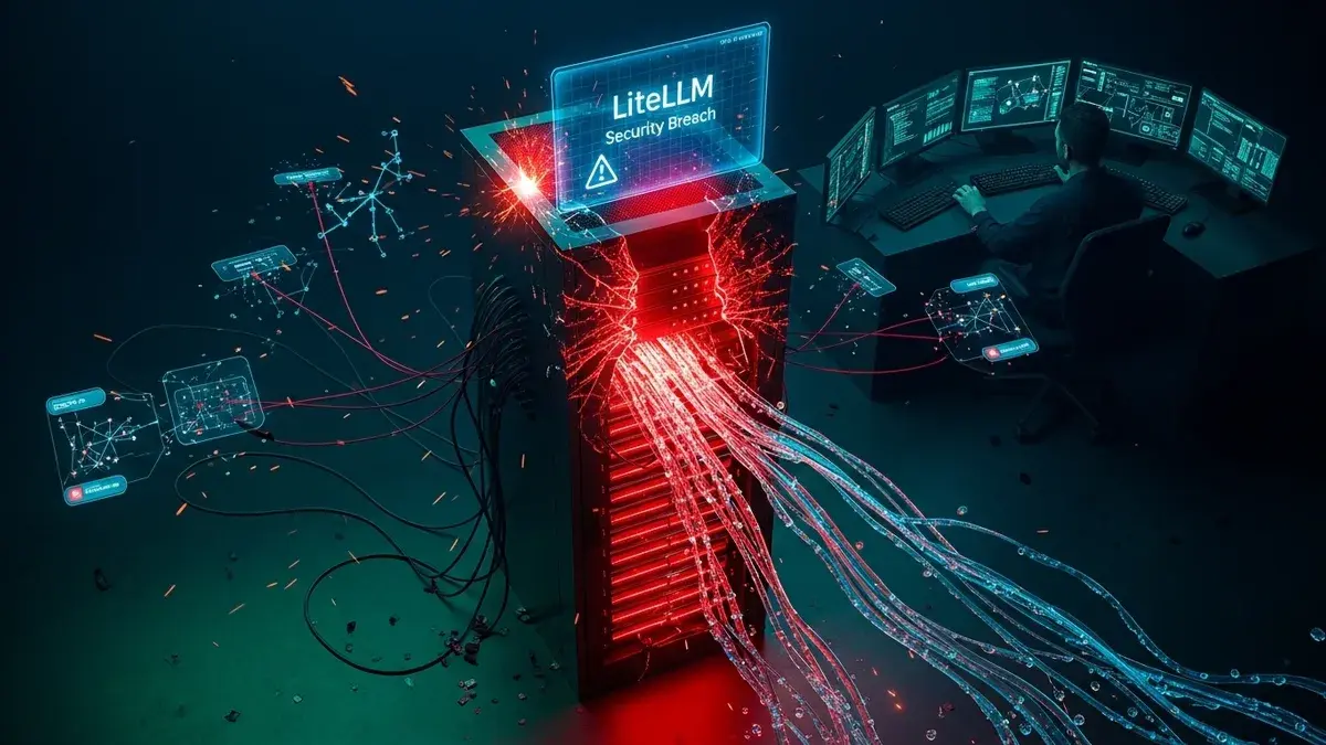 Abstract visualization of AI gateway security architecture with warning indicators