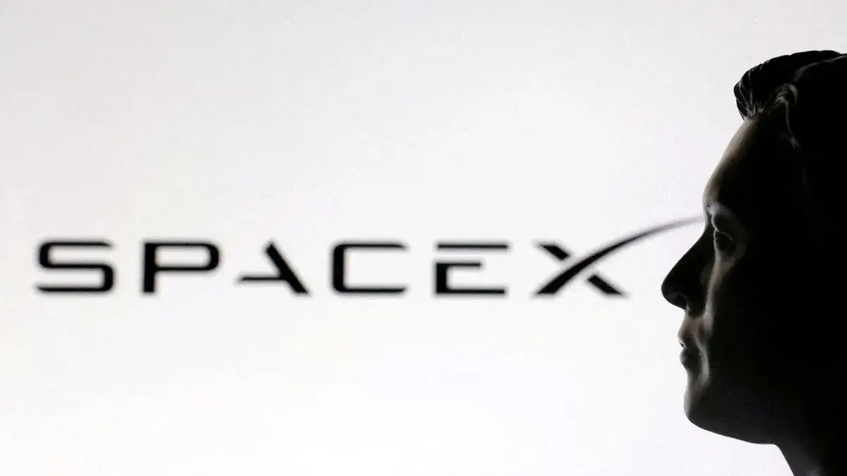 Symbolescht Bild vum SpaceX IPO mat Rakéit an Aktienkurven