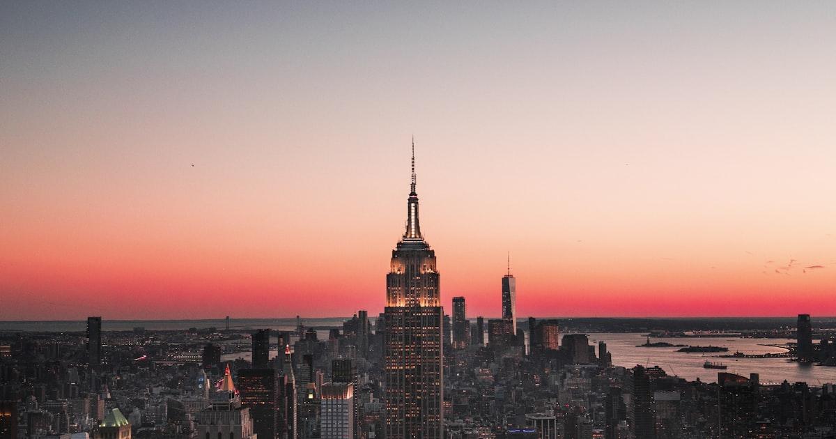 Financial district skyline with digital data overlay